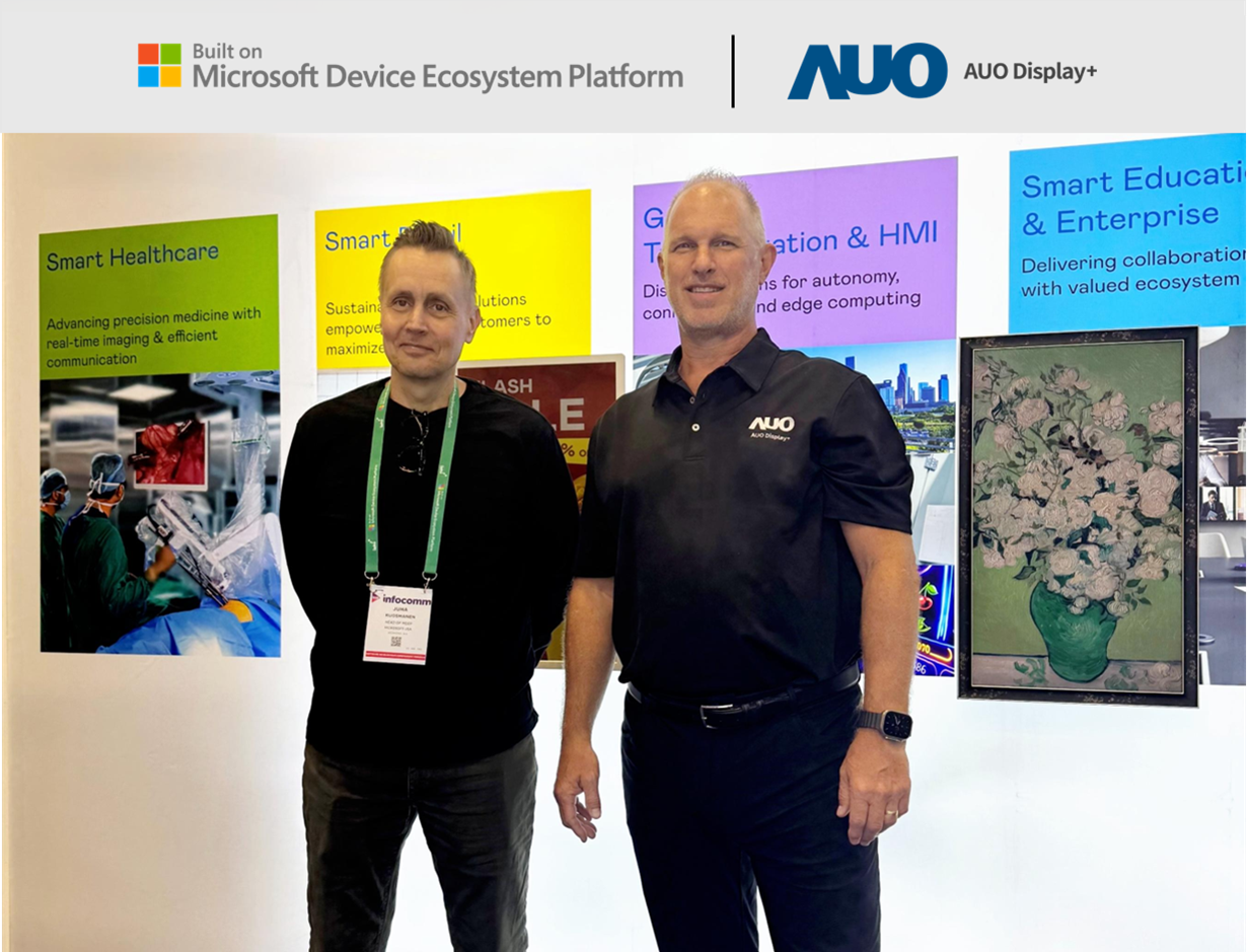 AUO Display Plus joins the Microsoft Device Ecosystem Platform (MDEP), partnering to drive the next wave of innovation in smart enterprise applications. Left: Juha Kuosmanen, Head of MDEP; Right: Scott Hix, CMO and GM of Smart Education and Enterprise Business Group at MILANTIYU Display Plus